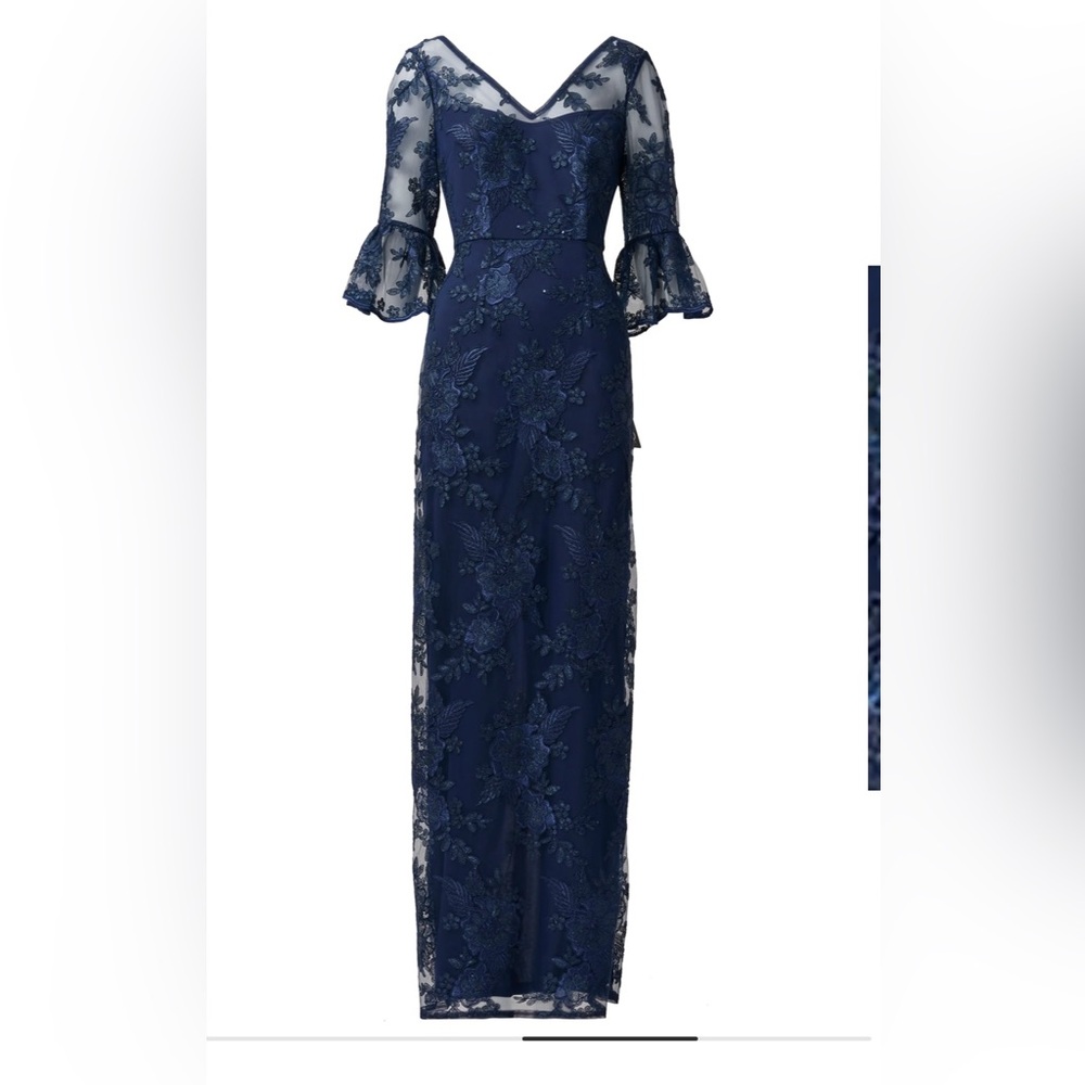 Adrianna Papell Blue Ruffled Bell Sleeve Gown